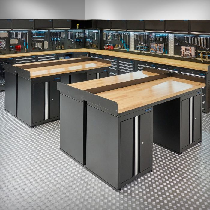 Werkbank PRO Eiche – 8 Werkzeugschränke – 200 cm – Schwarz