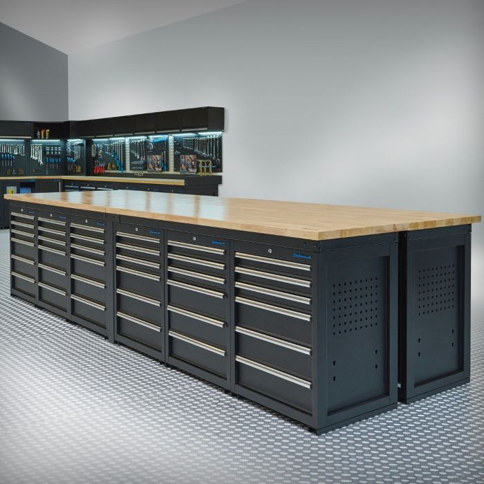 Werkbank PRO – Eichenarbeitsplatte – 72 Schubladen – 400 cm – Schwarz