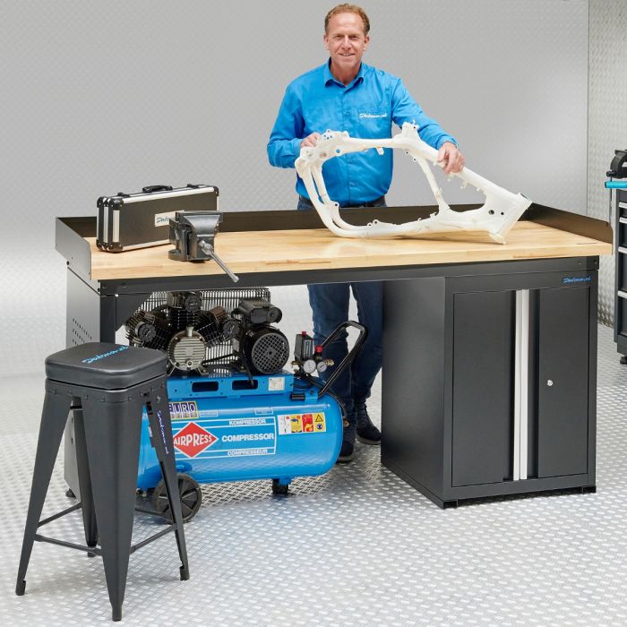 Werkbank 200 cm mit Schrank, Türen und Bambus-Arbeitsplatte