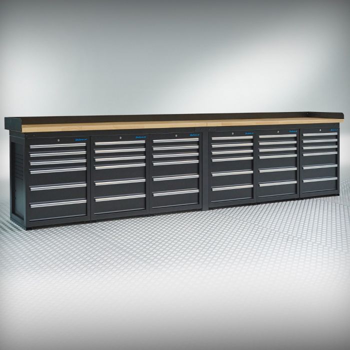 Werkbank PRO – schwarz – 36 Schubladen – 400 cm – Eichenplatte