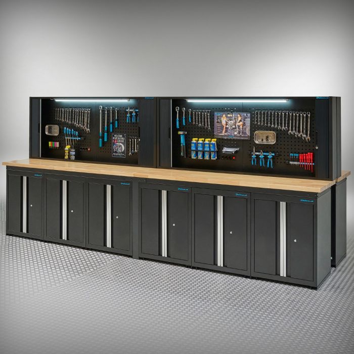 Werkbank PRO Eiche – 12 Aufbewahrungsschränke – 4 Werkzeugschränke – 400 cm – Schwarz