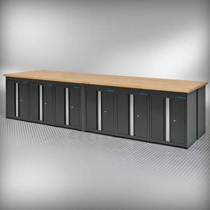 Werkbank PRO Eiche – 12 Aufbewahrungsschränke – 400 cm – Schwarz