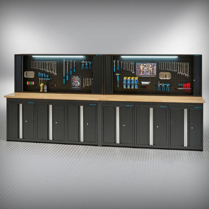 Werkbank PRO Eiche – 6 Aufbewahrungsschränke – 2 Werkzeugschränke – 200 cm – Schwarz