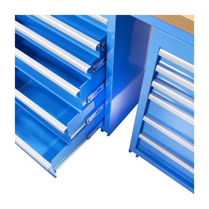 Werkbank PRO, Blau mit Eichen Werkblatt - 12 Schubladen - 150 cm