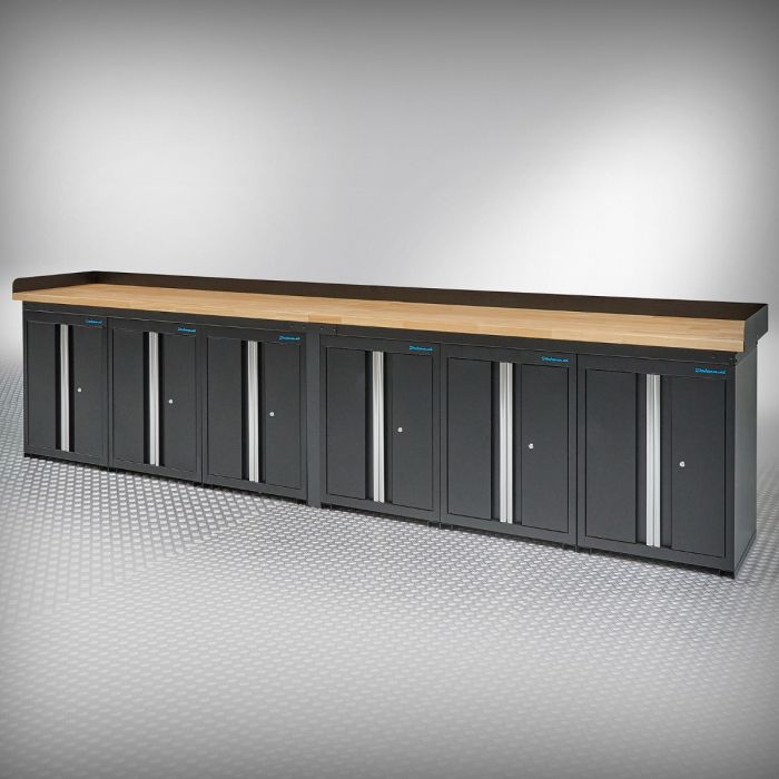 Werkbank PRO Eiche – 6 Aufbewahrungsschränke – 400 cm – Schwarz